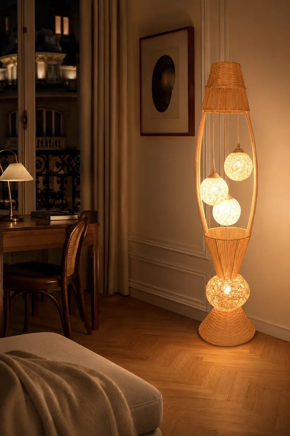 Muto Retro Fish Basket Multi Head Bamboo Floor Lamp - Lumpaz