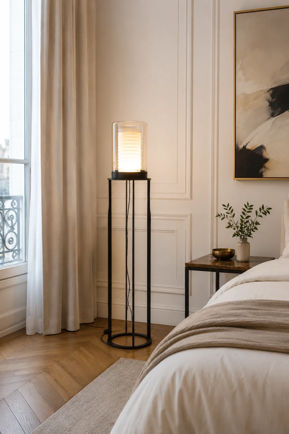 Eryn Simple Black Cylinder Floor Lamp, Metal & Glass - Lumpaz