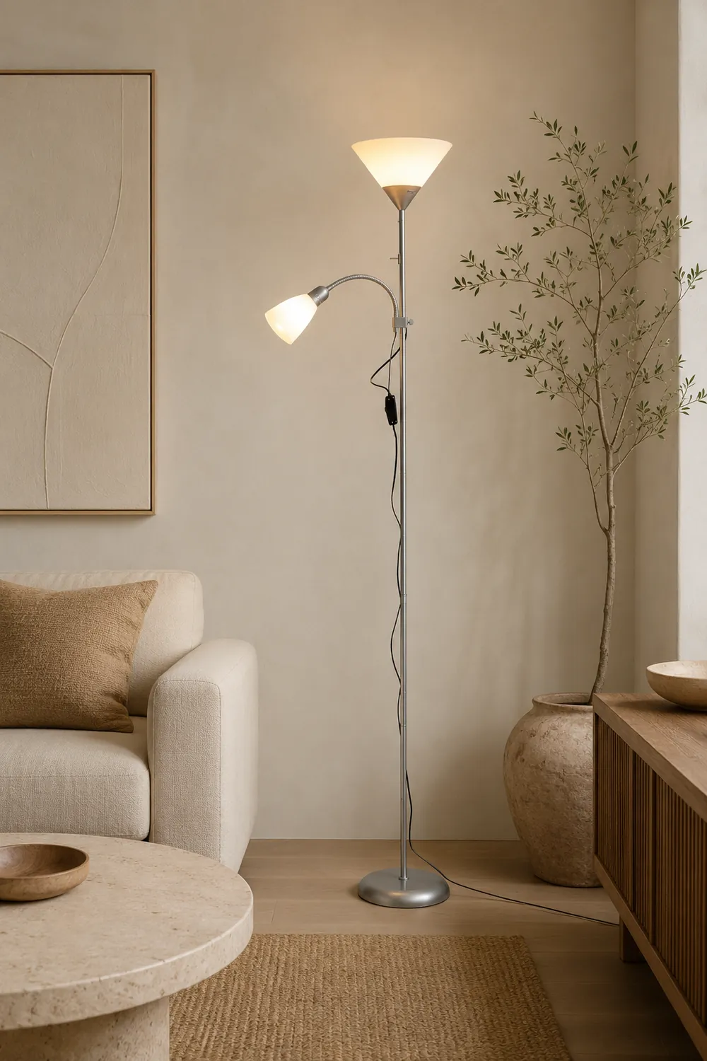 Eryn Modern Double Head Metal Acrylic Floor Lamp, Silver - Lumpaz