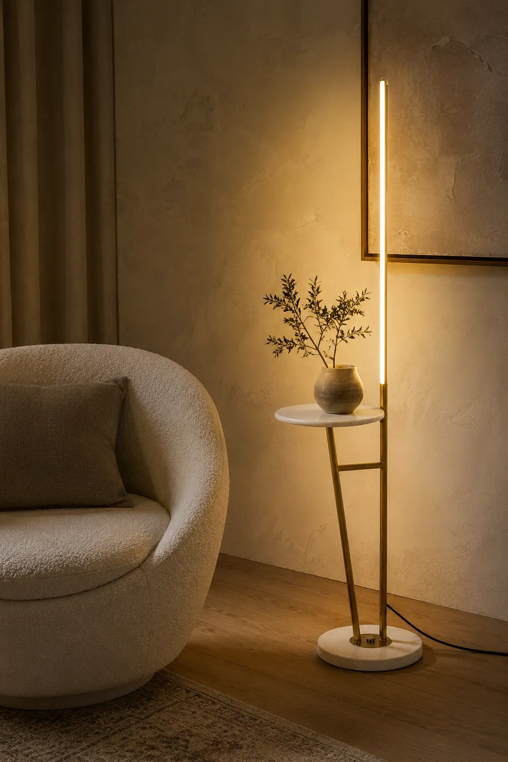 Edge Linear Floor Lamp With Table, Metal, Black/White/Gold - Lumpaz