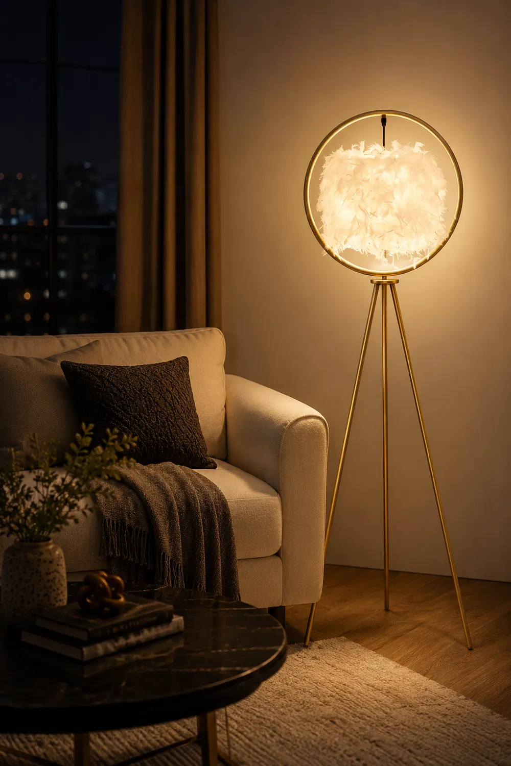 O'Moore Elegant Feather Ring Tripod Floor Lamp, Black/Gold - Lumpaz