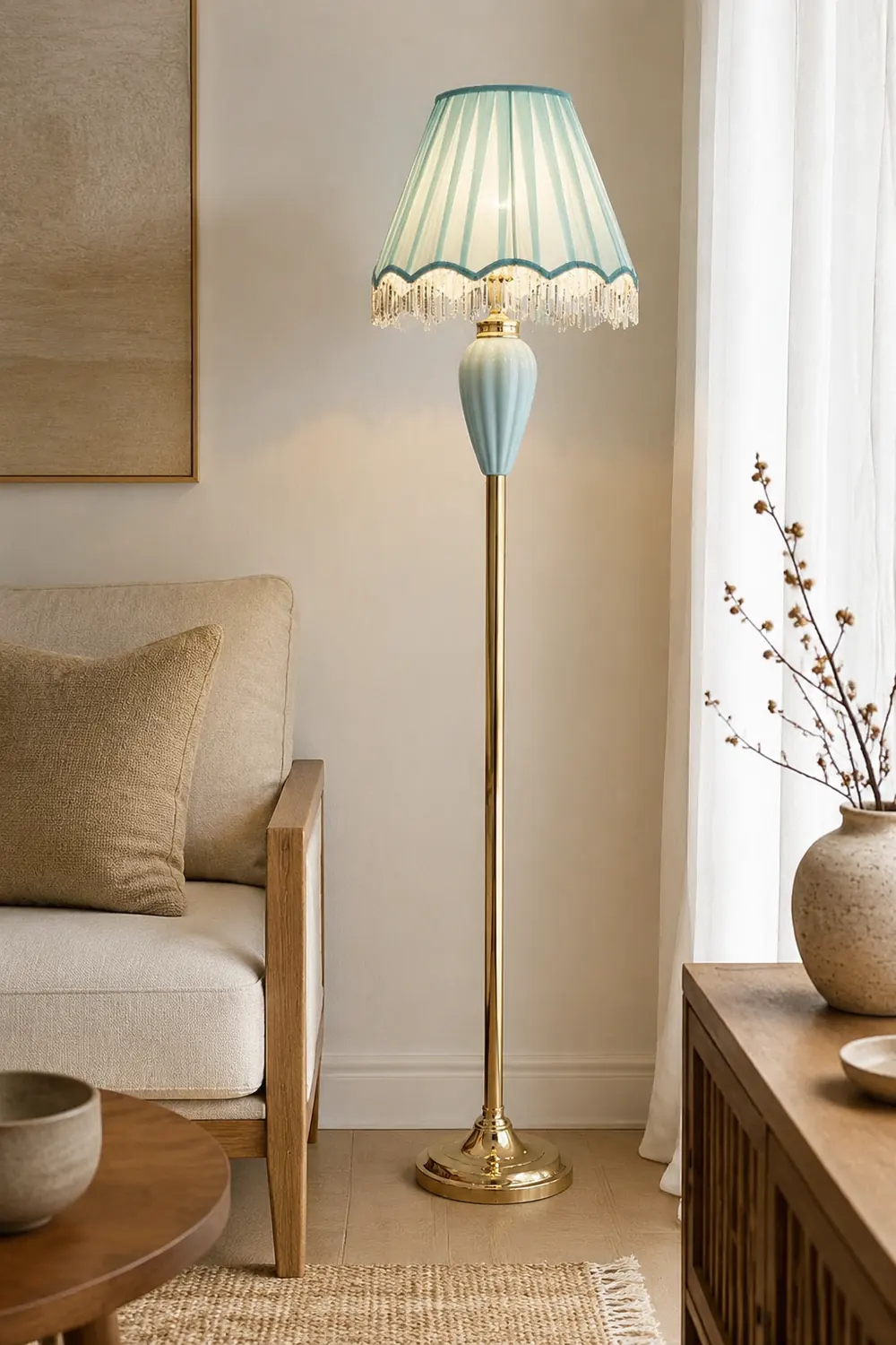 Eryn Vintage Ceramic Fabric Floor Lamp, Blue/Pink - Lumpaz
