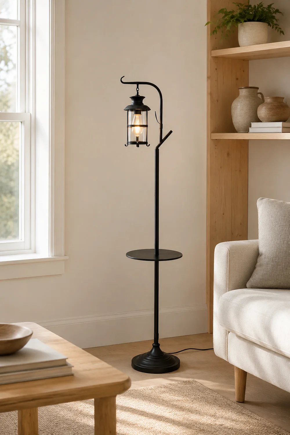 Alessio Retro Lantern Metal Glass Floor Lamp /w Table, Black/White - Lumpaz