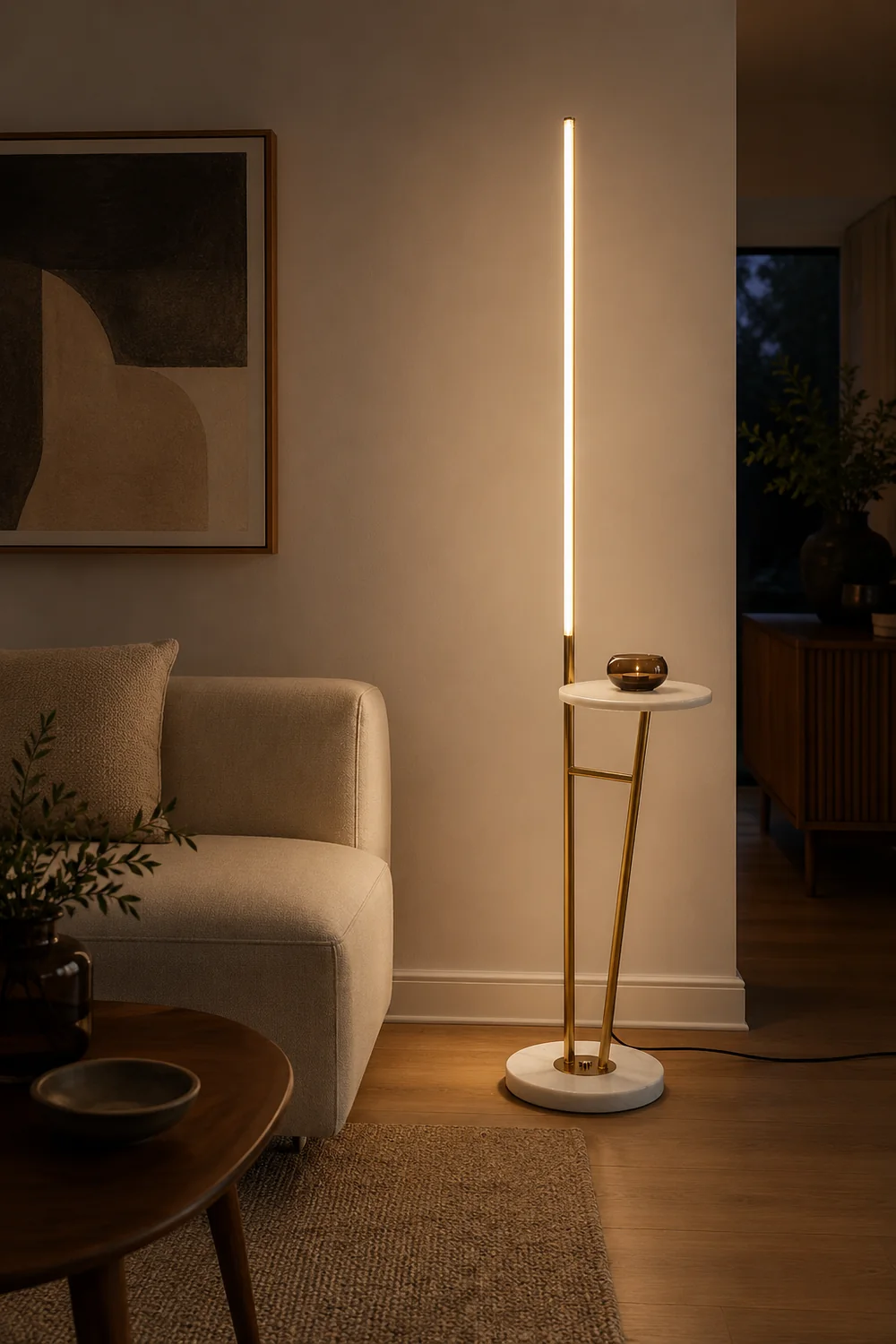 Edge Linear Floor Lamp With Table, Metal, Black/White/Gold - Lumpaz
