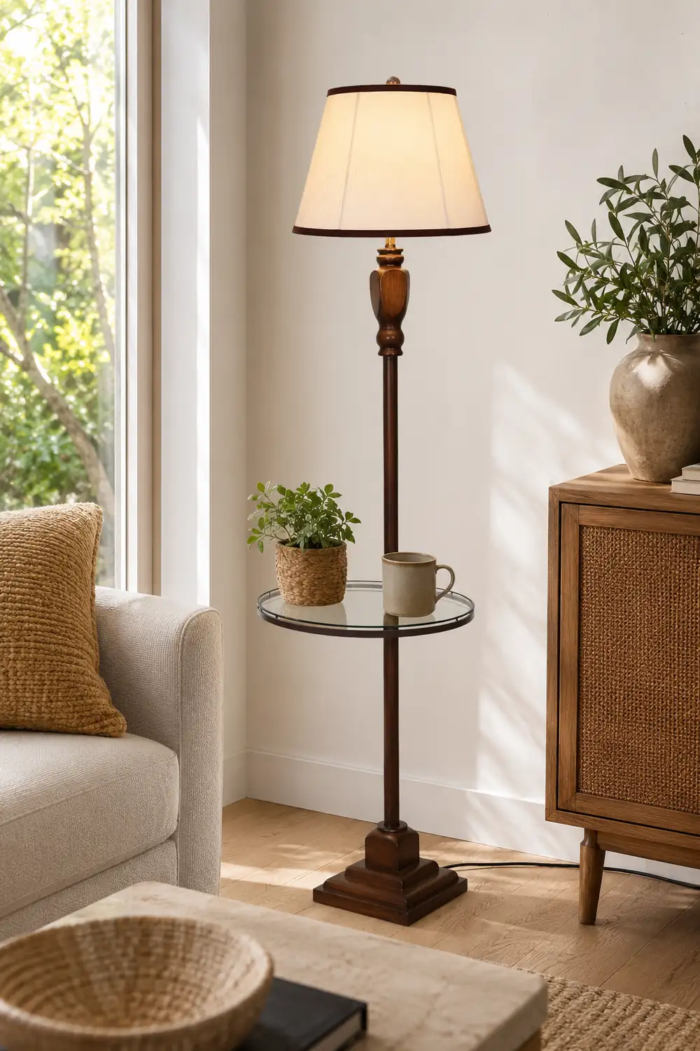 Eryn Retro Drum Fabric Metal Floor Lamp, Beige/Khaki - Lumpaz