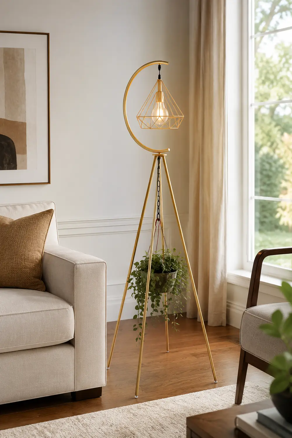 Eryn Diamond Designer Tripod Floor Lamp, Metal, Black/Gold - Lumpaz