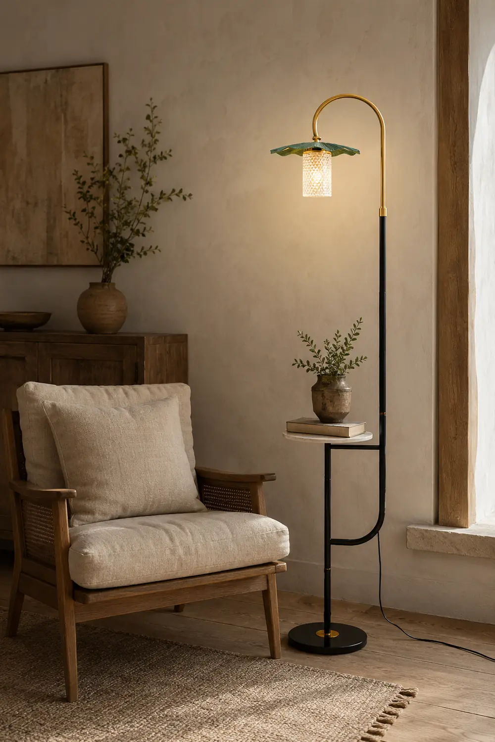 Carins Retro Lotus Metal Acrylic Floor Lamp, Gold/Green/Light - Lumpaz