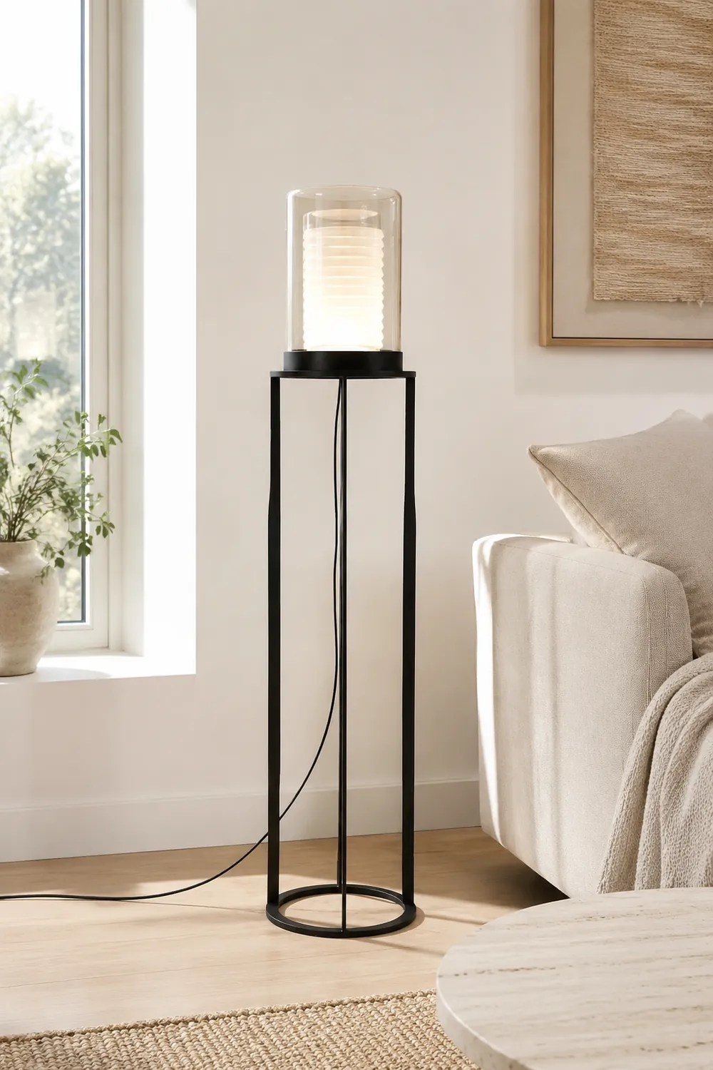 Eryn Simple Black Cylinder Floor Lamp, Metal & Glass - Lumpaz