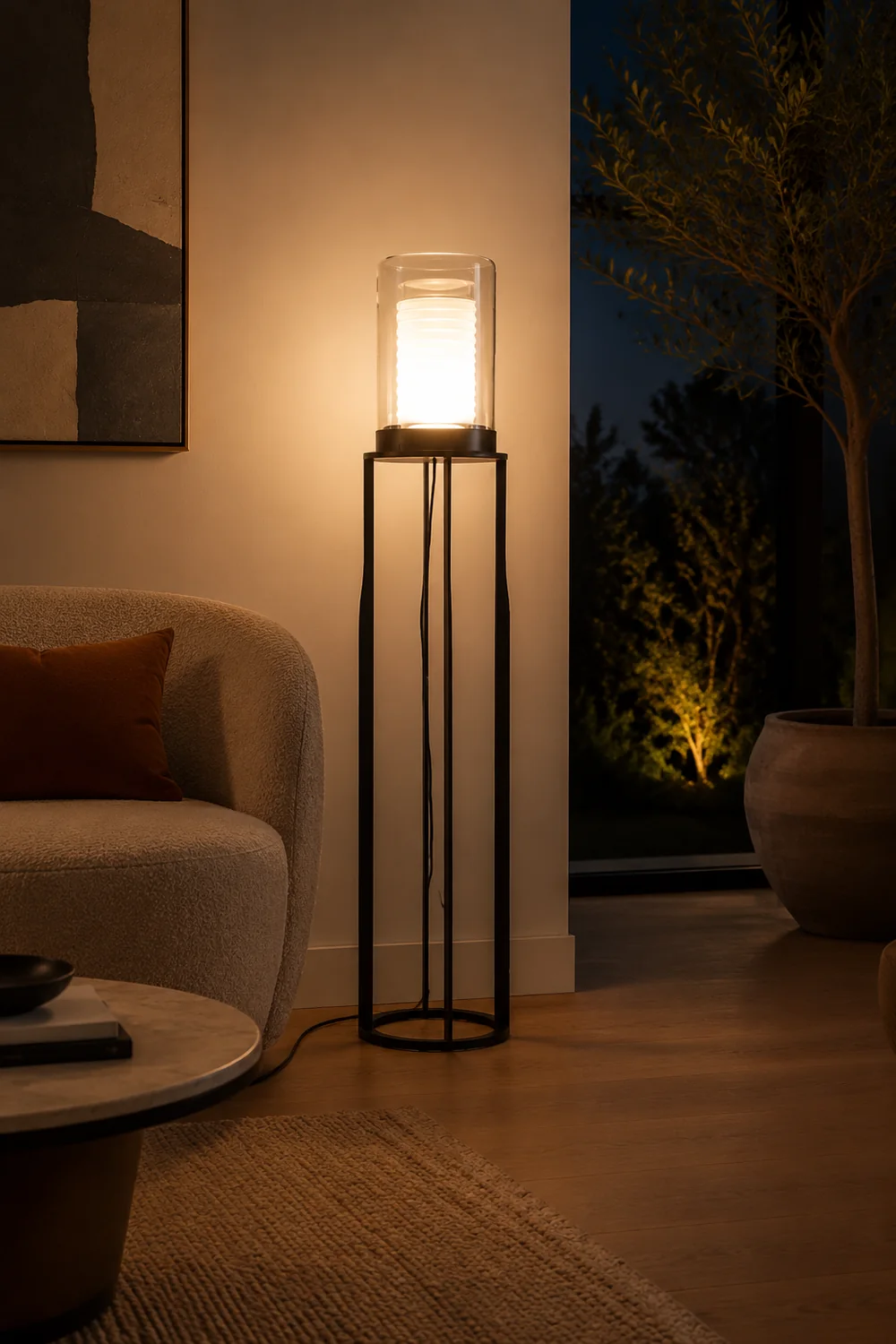 Eryn Simple Black Cylinder Floor Lamp, Metal & Glass - Lumpaz