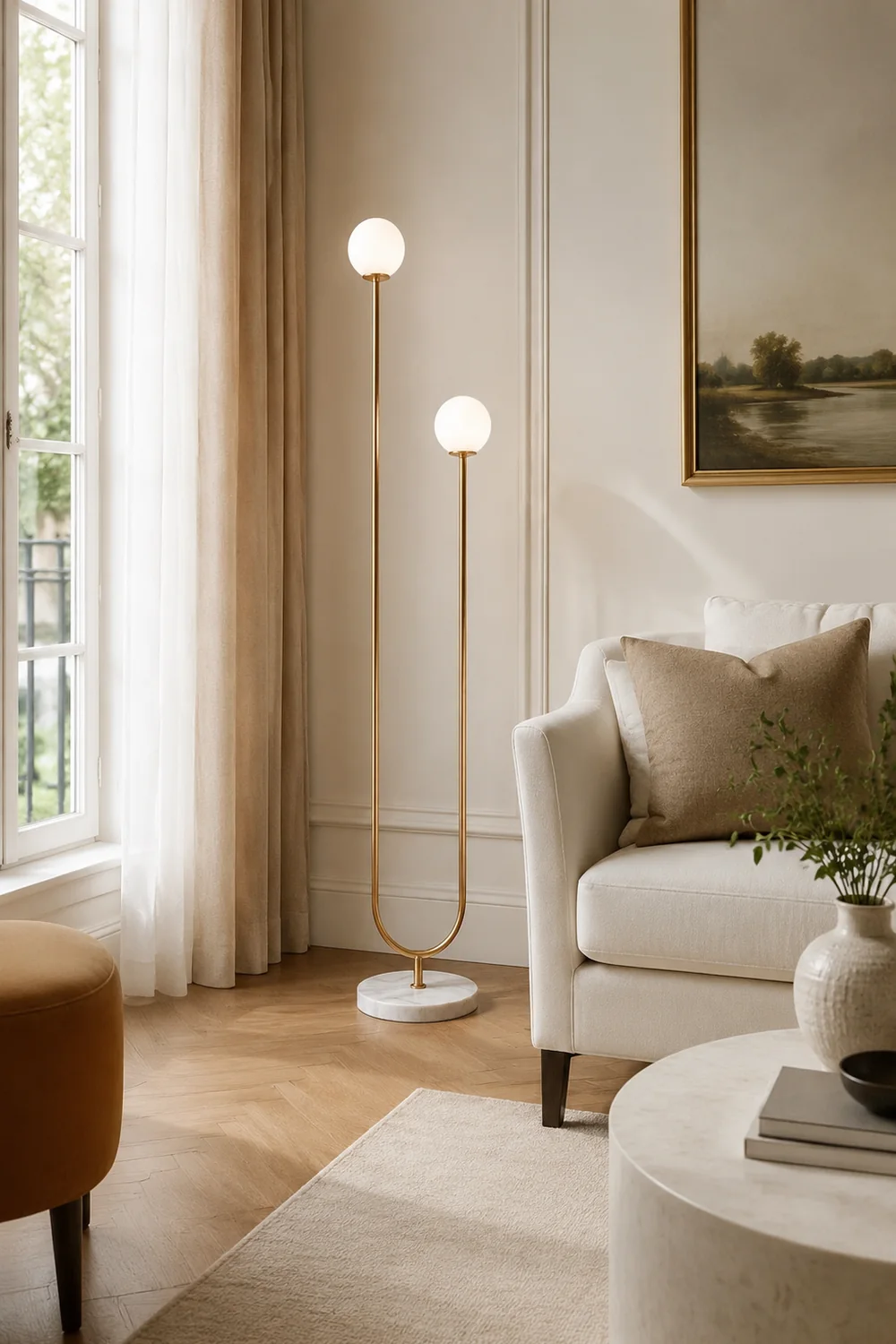 Valentina Modern U-shaped Metal/Glass Floor Lamp, Gold - Lumpaz
