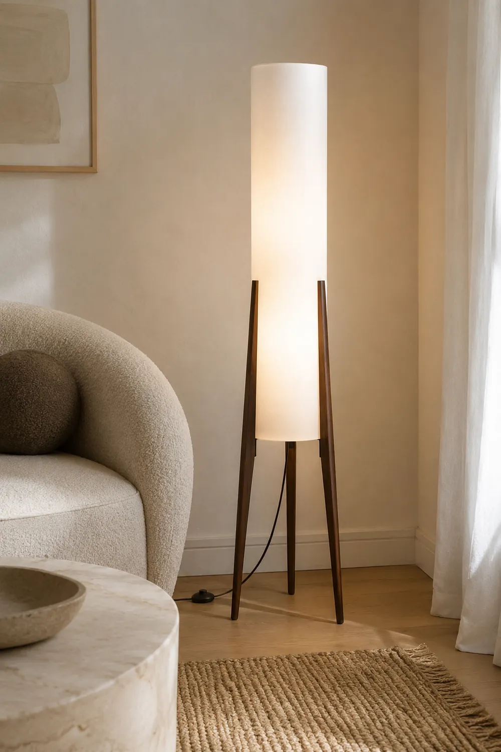 Ozawa Contemporary Cylinder Tripod Wood Glass Floor Lamp, Brown - Lumpaz