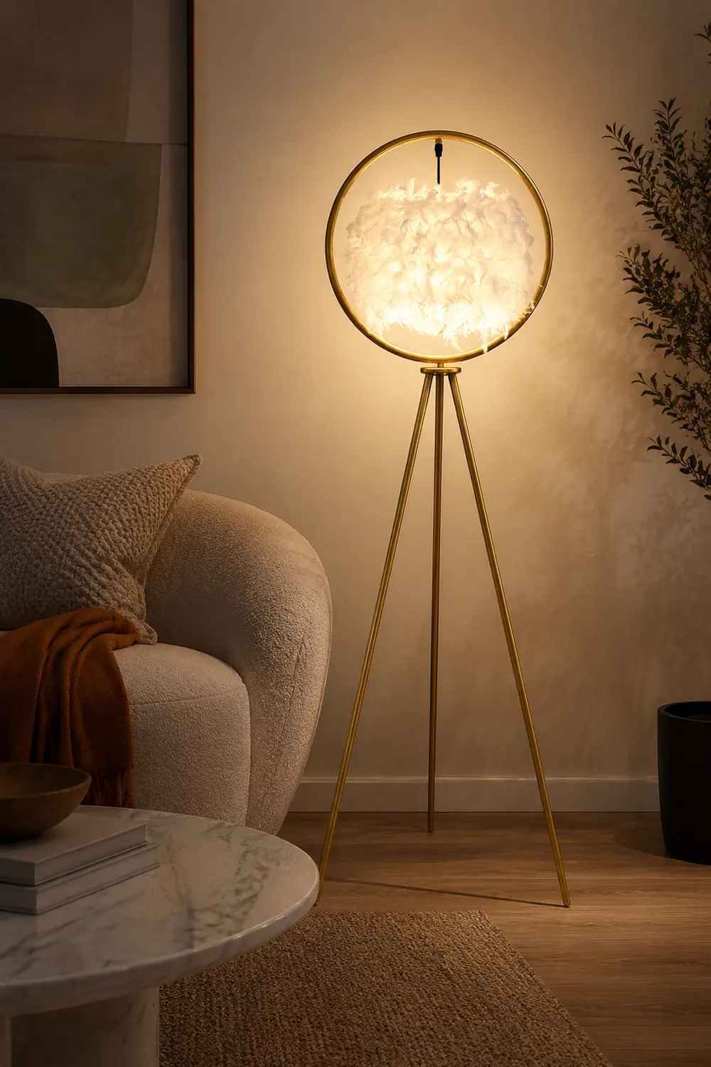 O'Moore Elegant Feather Ring Tripod Floor Lamp, Black/Gold - Lumpaz