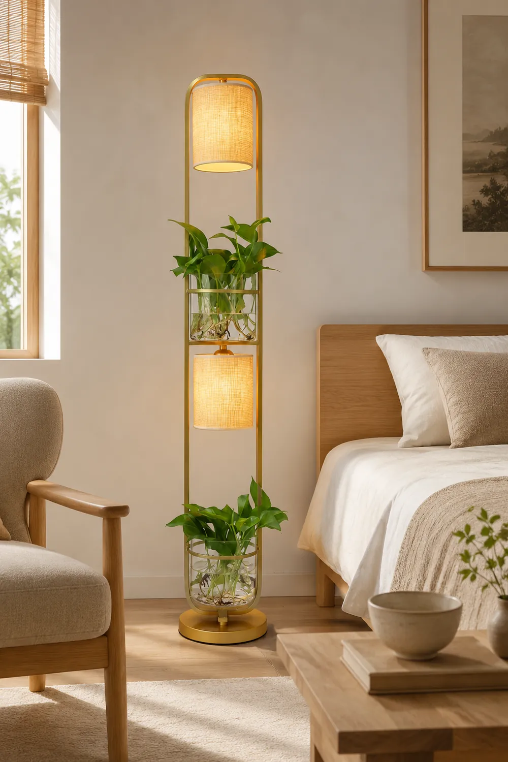 Eryn Simple Cylinder 2-Light Heads Floor Lamp with Planters, Black/White/Gold - Lumpaz