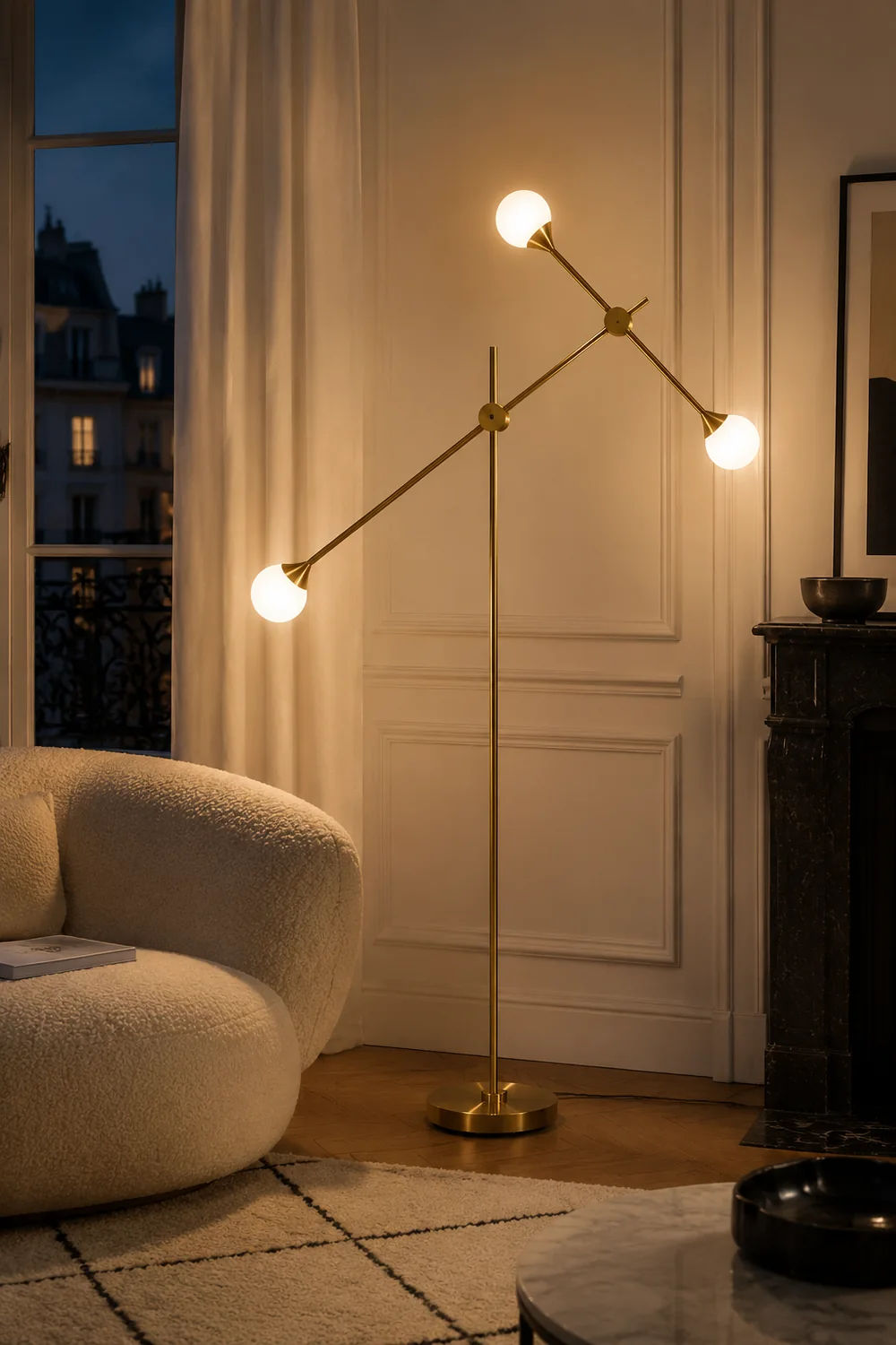 Valentina Gold Orb Swing Arm Floor Lamp, Living room - Lumpaz
