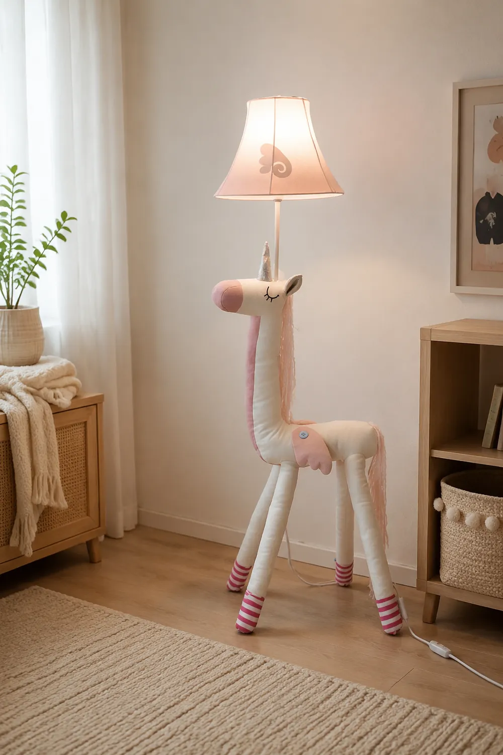 Minori Pink Plush Unicorn Animal Floor Lamp, Metal - Lumpaz