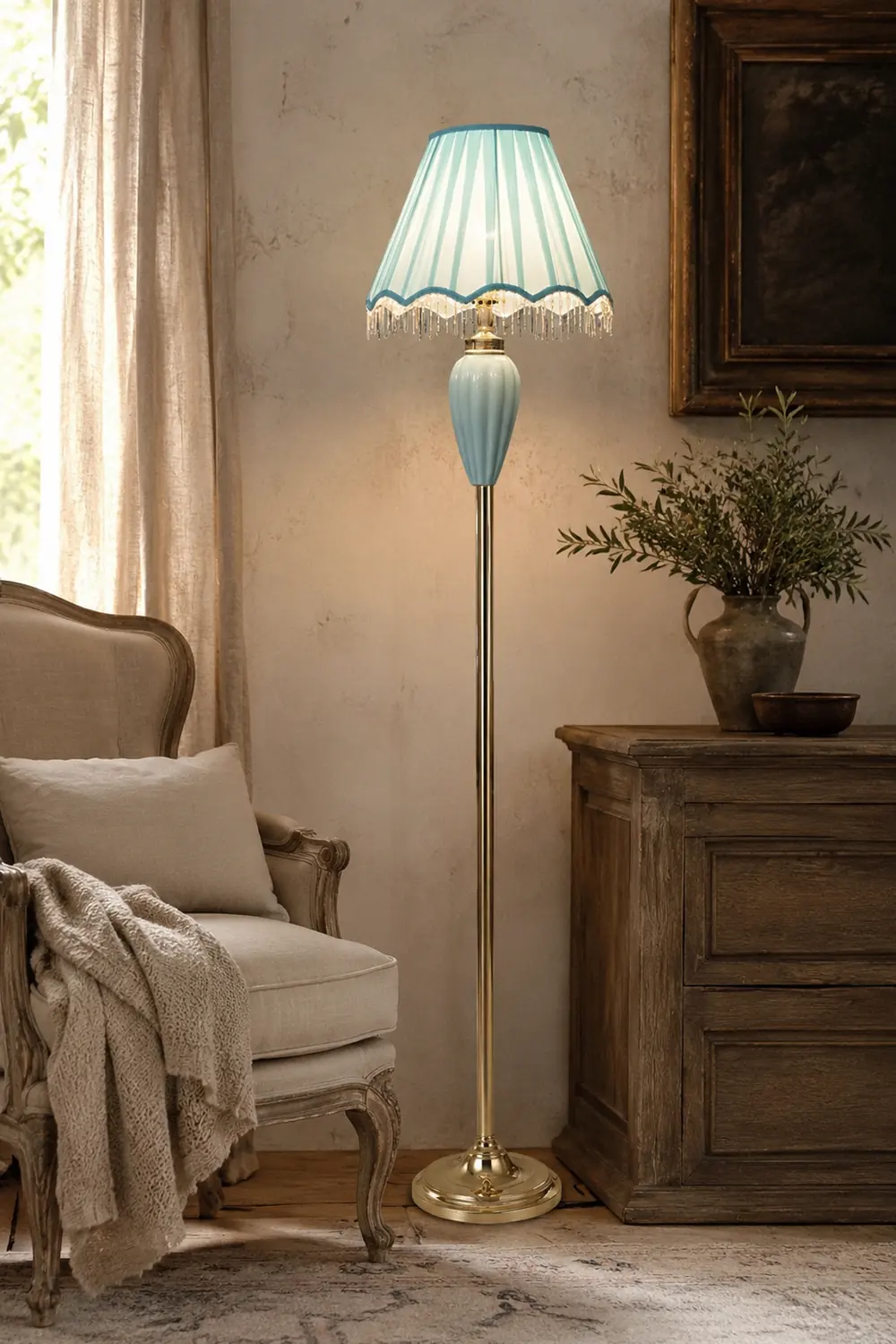 Eryn Vintage Ceramic Fabric Floor Lamp, Blue/Pink - Lumpaz