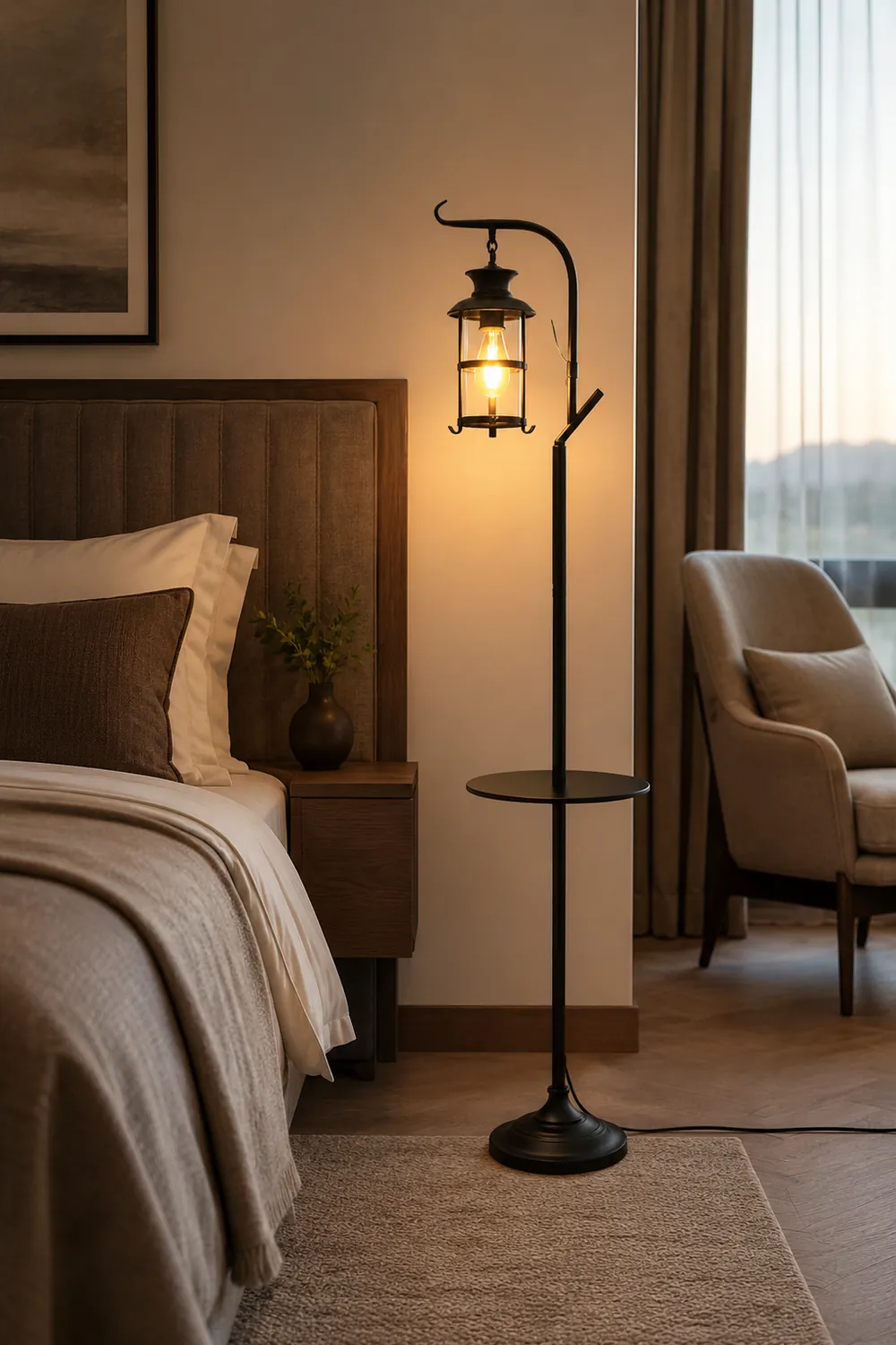 Alessio Retro Lantern Metal Glass Floor Lamp /w Table, Black/White - Lumpaz