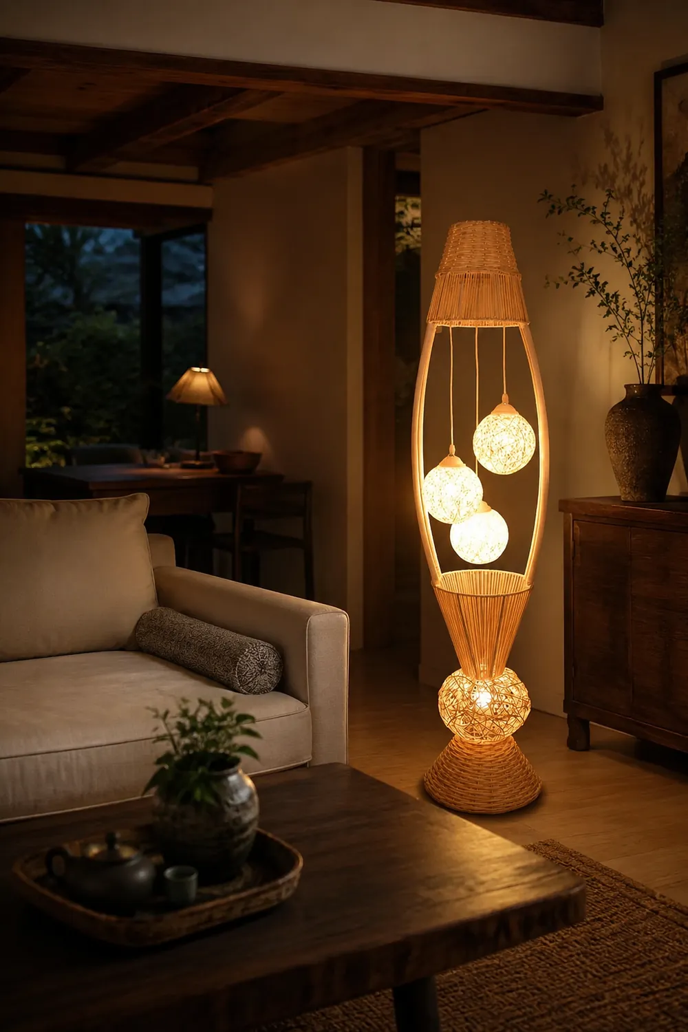 Muto Retro Fish Basket Multi Head Bamboo Floor Lamp - Lumpaz