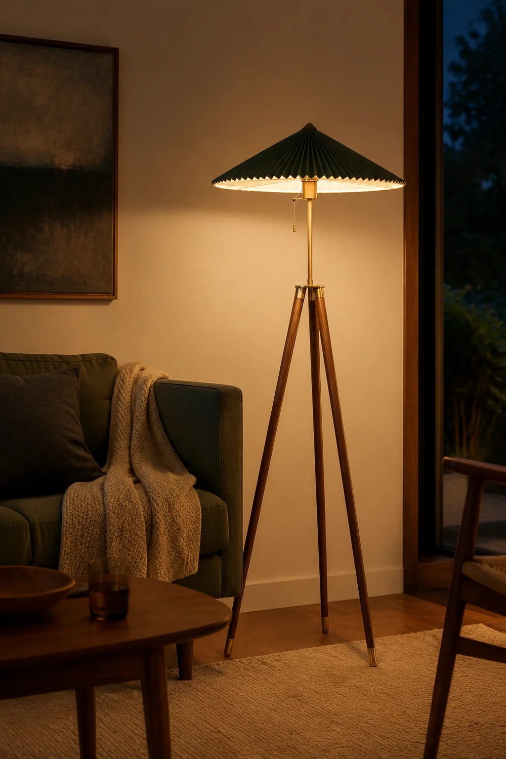 Ozawa Modern Pleated Tripod Wood Fabric Floor Lamp - Lumpaz