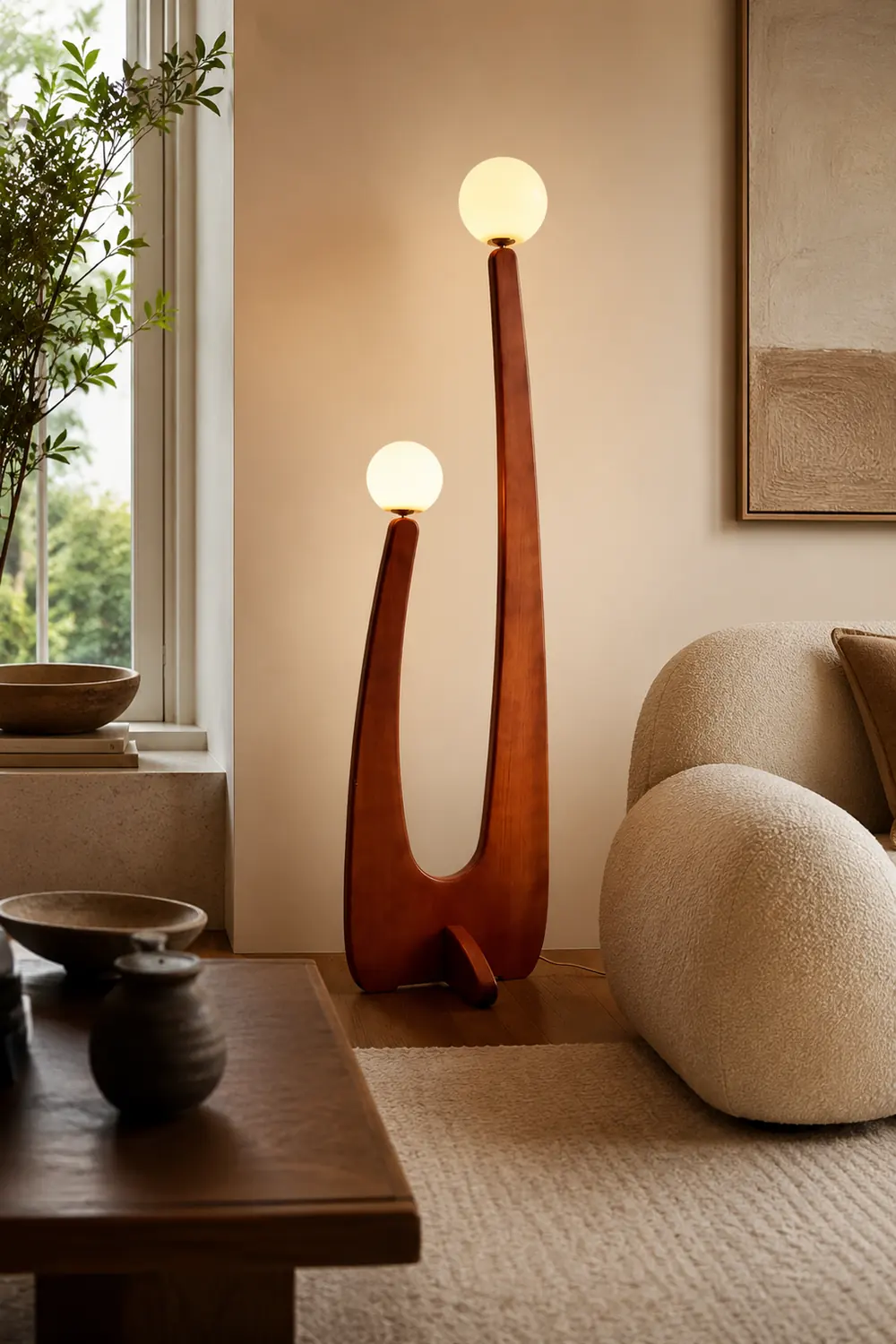 Avi Vintage Wood/Glass Floor Lamp,  2 Heads - Lumpaz