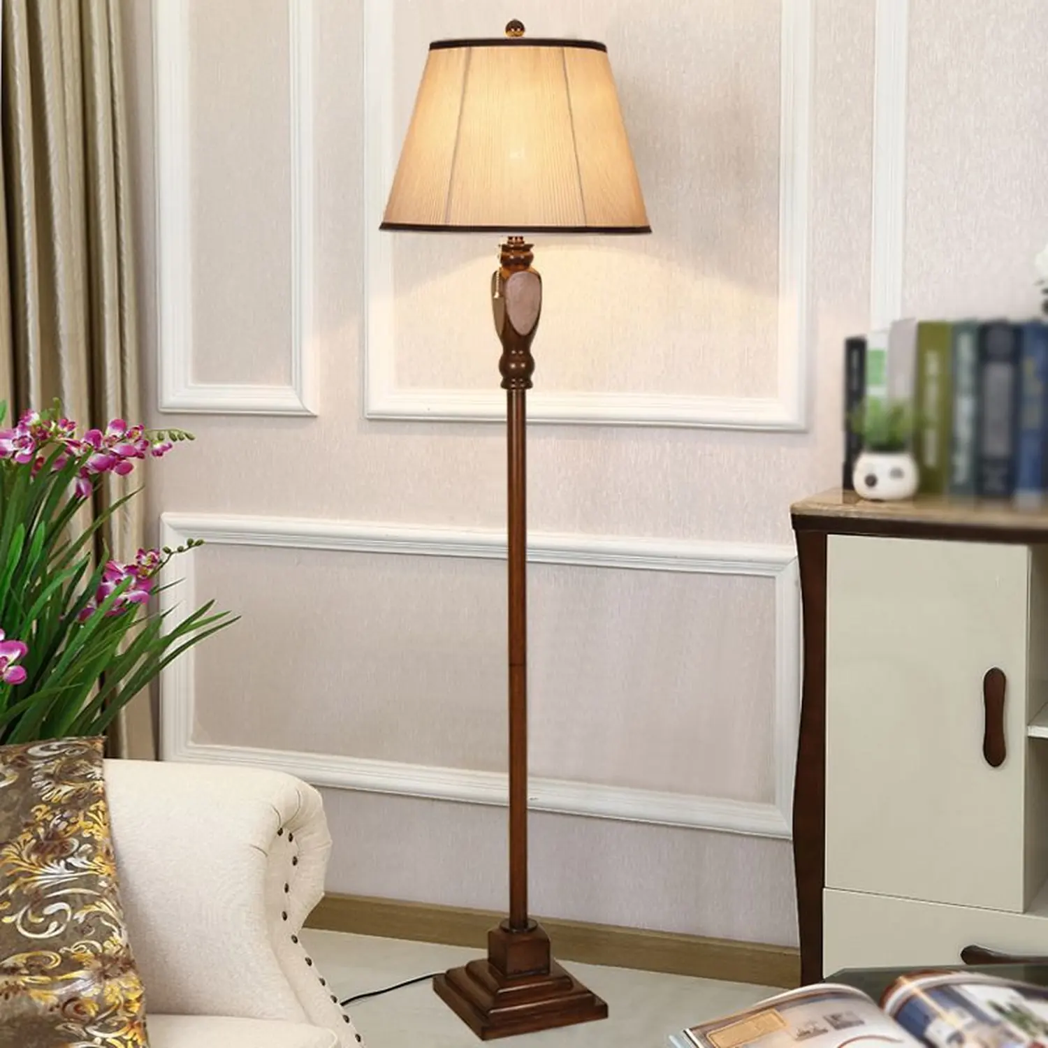 Eryn Retro Drum Fabric Metal Floor Lamp, Beige/Khaki - Lumpaz