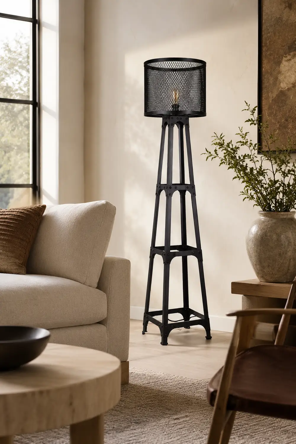 Alessio Modern Cylinder Mesh Screen Metal Floor Lamp, Black - Lumpaz