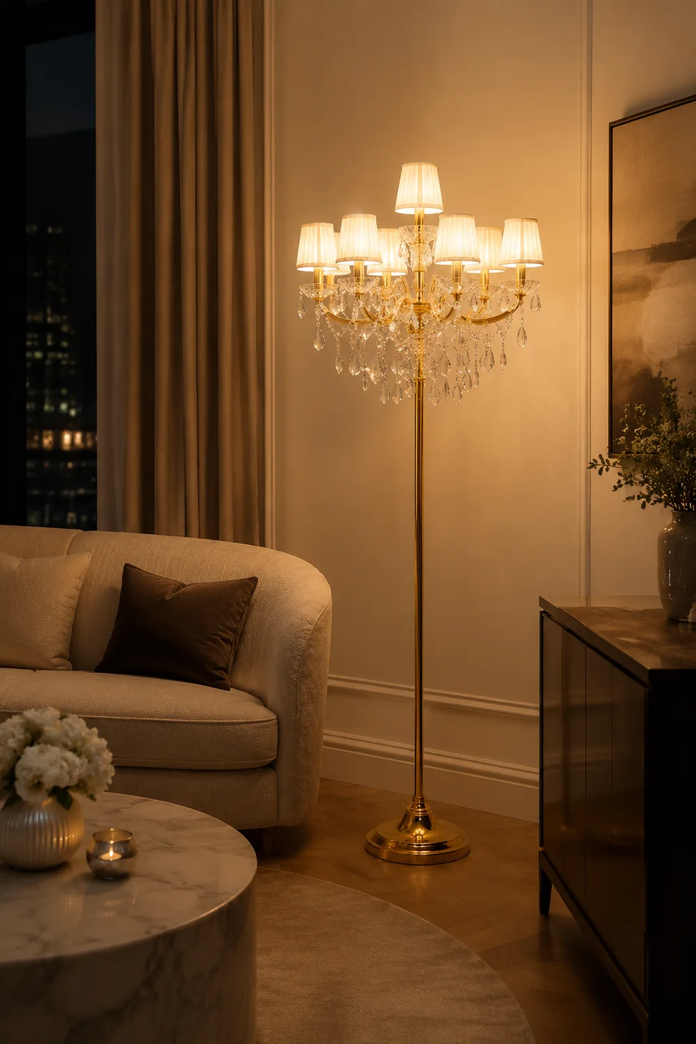 Carins Retro Crystal Multi Head Metal Fabric Floor Lamp, Gold - Lumpaz
