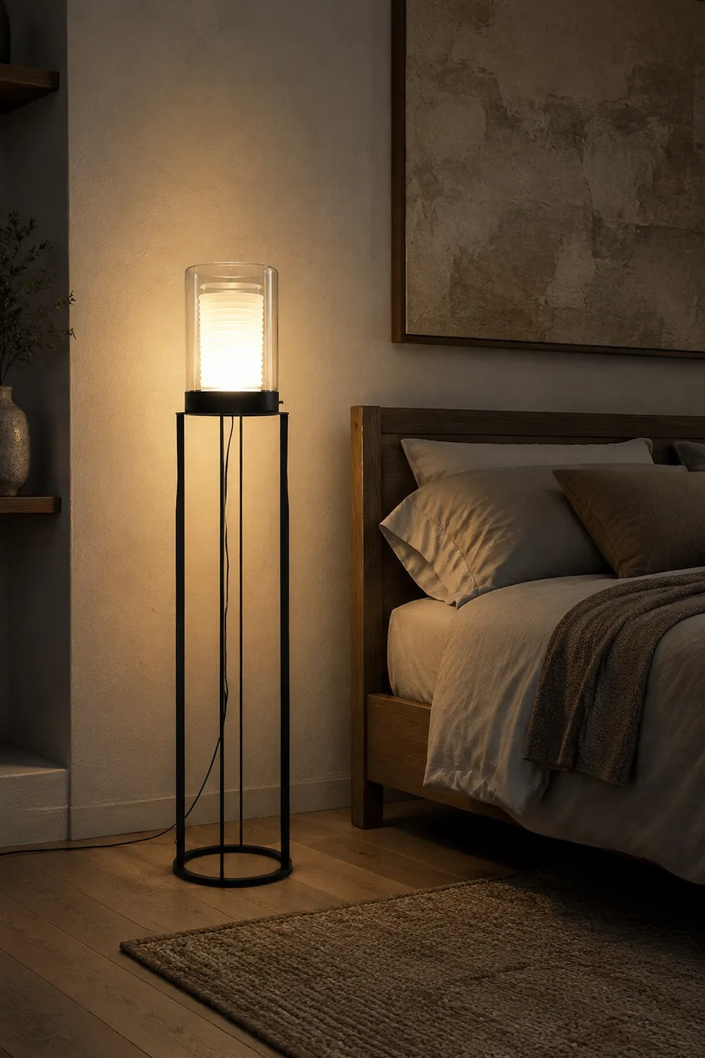 Eryn Simple Black Cylinder Floor Lamp, Metal & Glass - Lumpaz