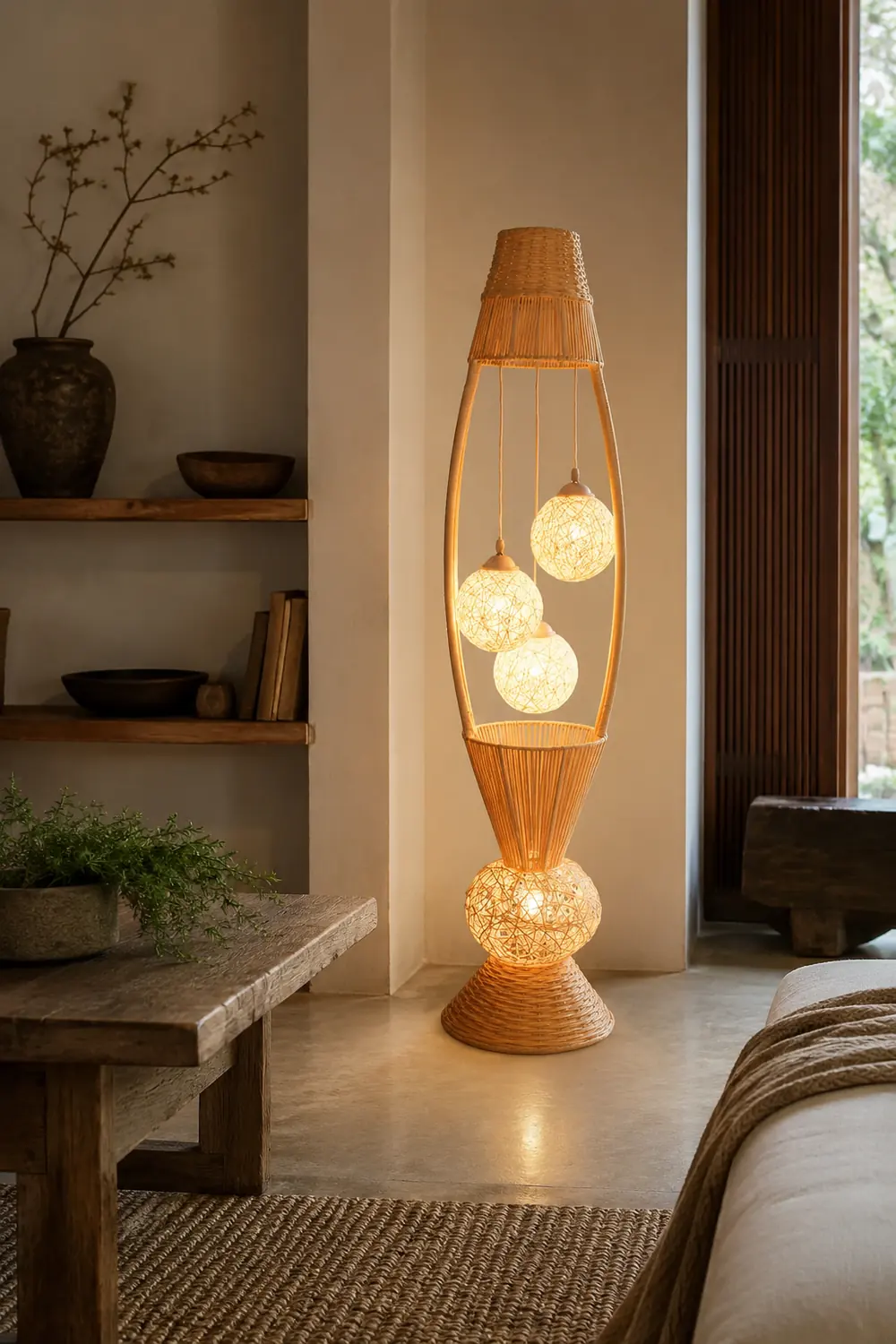 Muto Retro Fish Basket Multi Head Bamboo Floor Lamp - Lumpaz