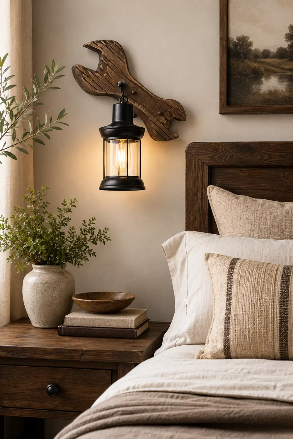 Austin Lantern & Spanners Wall Lamp, Wood/Metal, Bedroom - Lumpaz