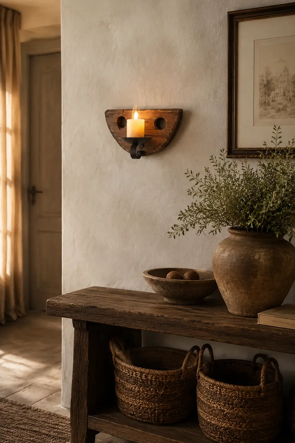 Austin Vintage Candle Semicircle Wall Lamp, Wood/Metal, Bedroom - Lumpaz
