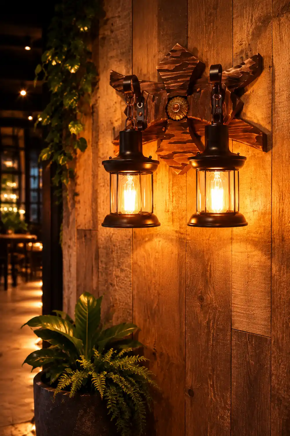 Austin Wall Lamp Decorative Vintage Lantern Double Light Wooden, Bedroom - Lumpaz