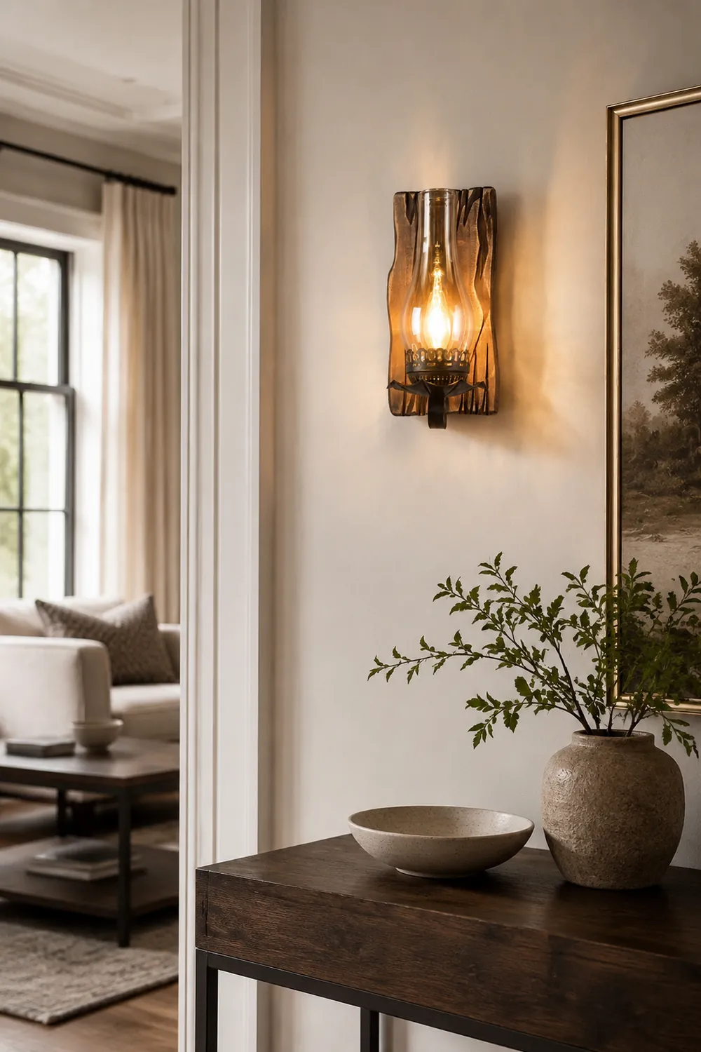 Austin Wall Lamp Vintage Candle Wooden Glass, Bedroom - Lumpaz