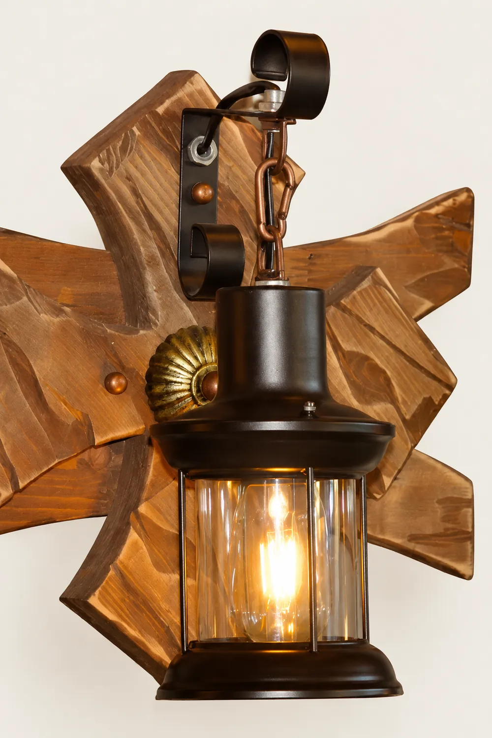 Austin Vintage Candle & Lantern LED Wall Lamp, Wood/Metal, Gold, Bedroom - Lumpaz