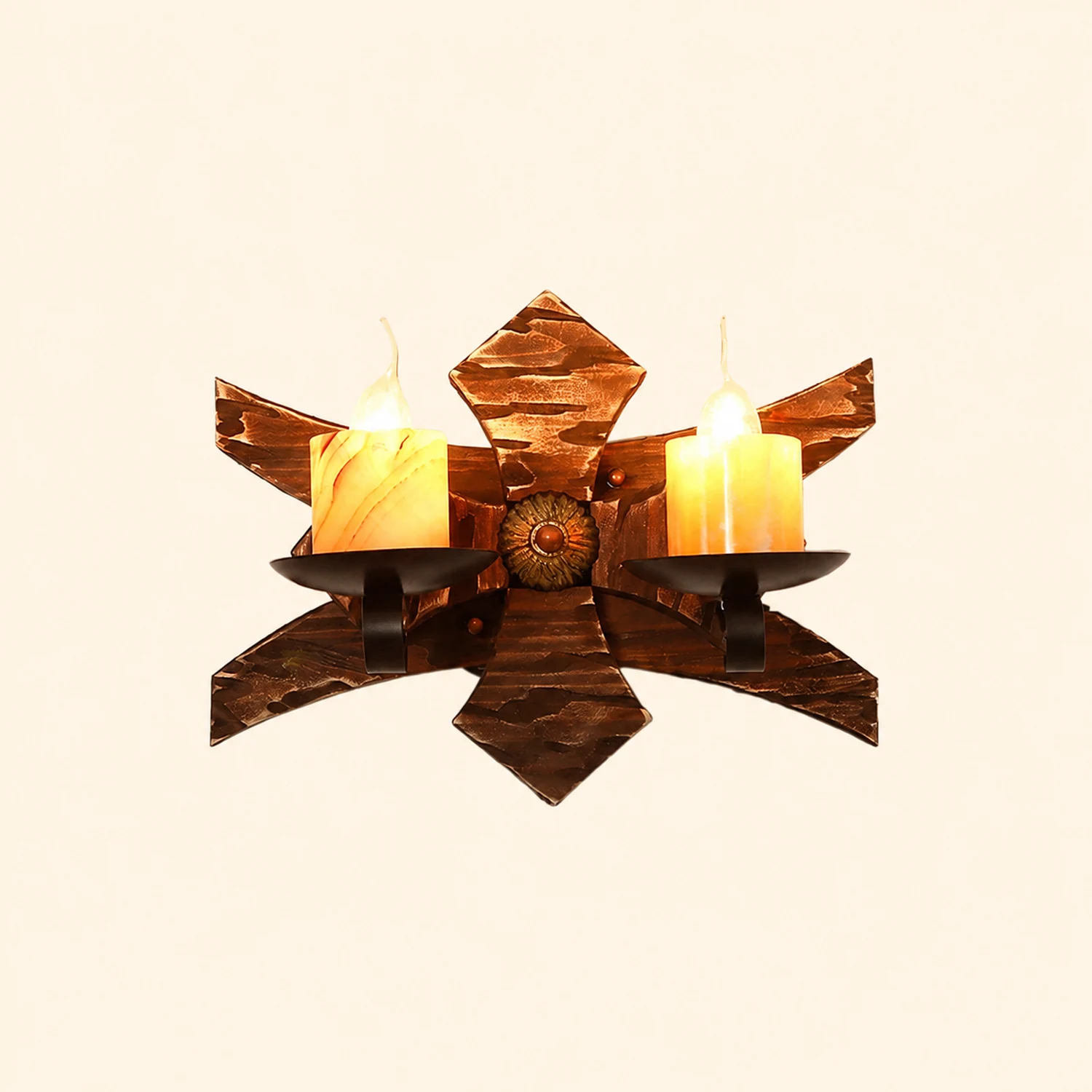 Austin Wall Lamp Decorative Vintage Candle Double Light Wooden, Bedroom - Lumpaz