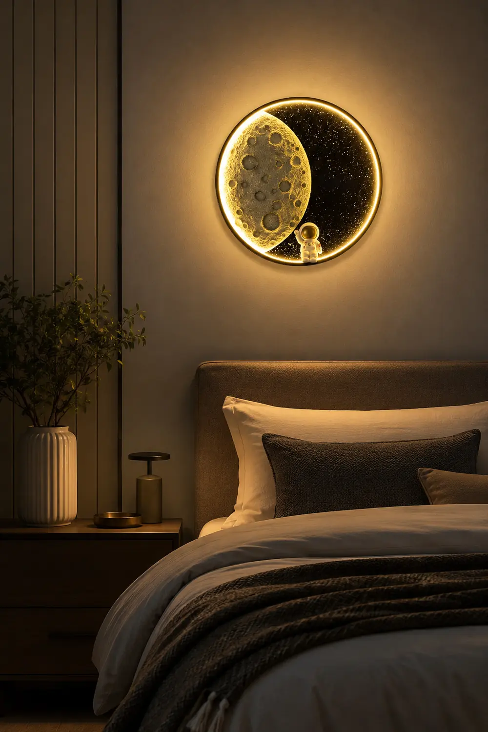 Elif Astronaut Round Moon Black Wall Lamp, Metal - Lumpaz