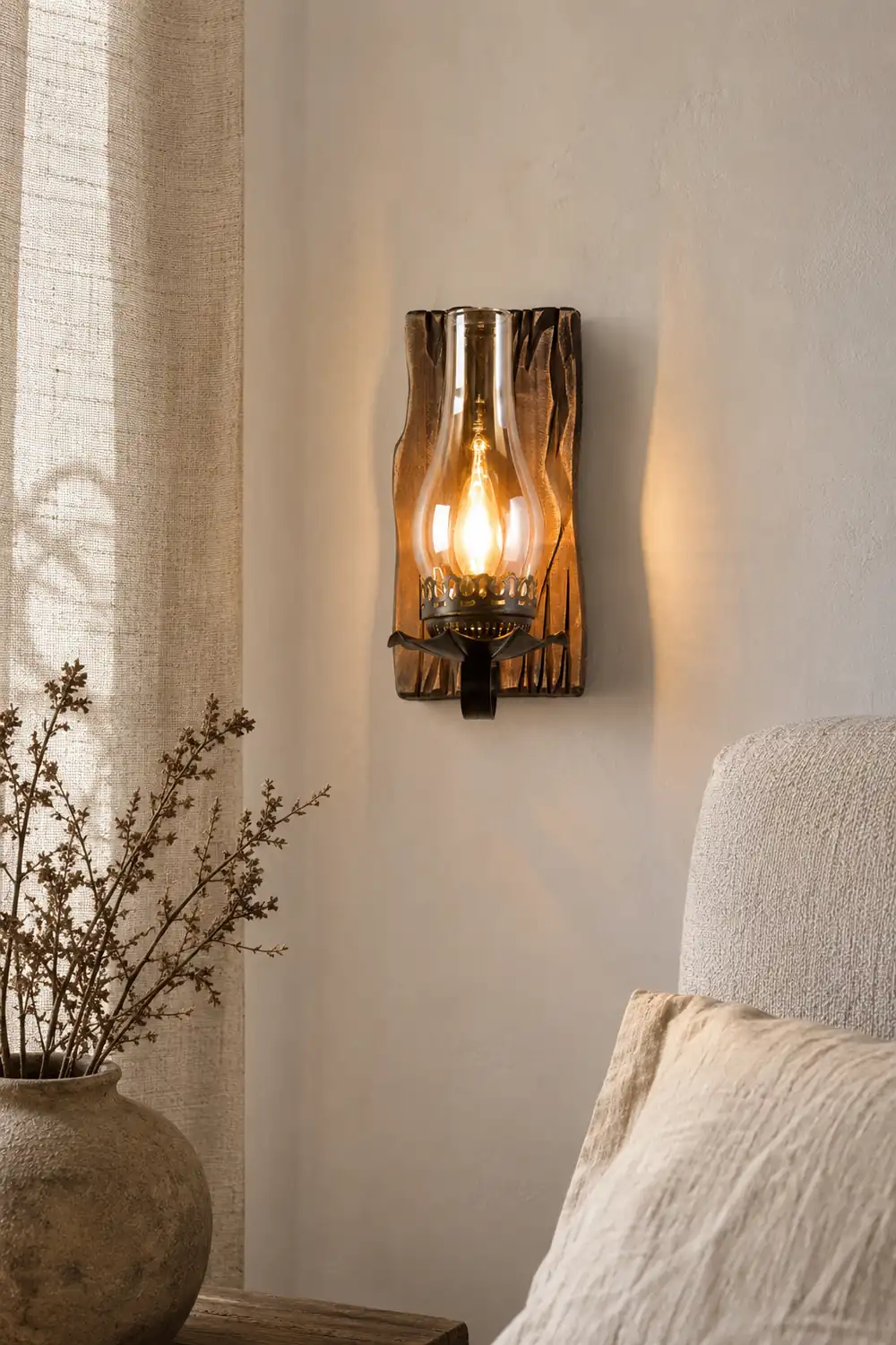 Austin Wall Lamp Vintage Candle Wooden Glass, Bedroom - Lumpaz
