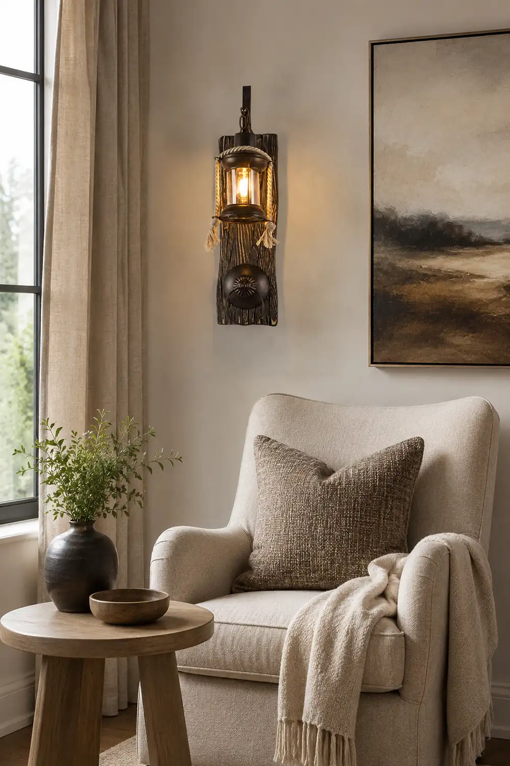 Alessio Wall Lamp Retro Lantern Ring Black Wooden, Bedroom - Lumpaz