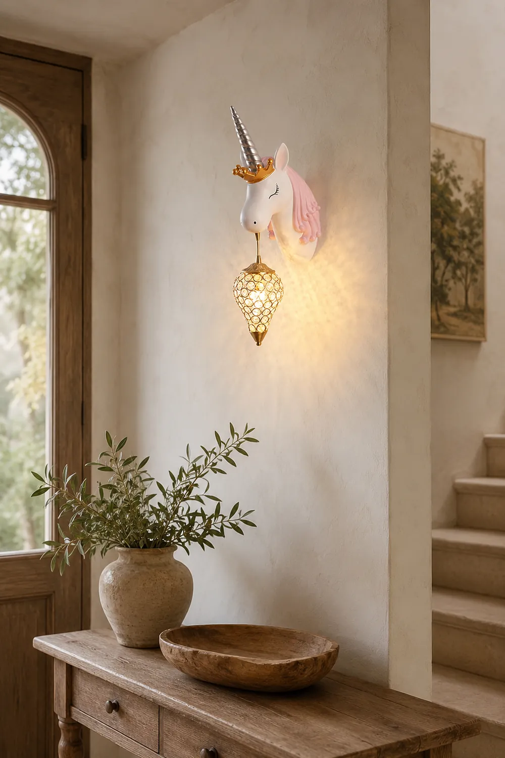 Minori Modern Unicorn/Strawberry Art Wall Lamp, Pink/Blue - Lumpaz