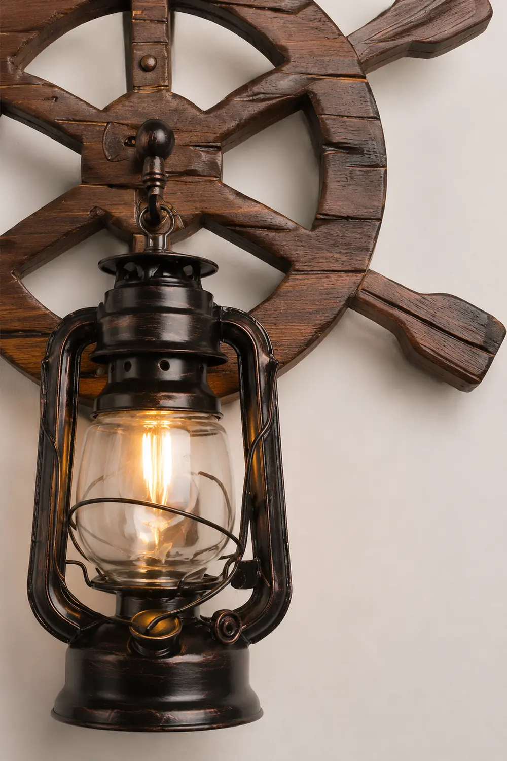 Austin Wall Lamp Retro Rudder Lantern Brown Wooden, Bedroom - Lumpaz