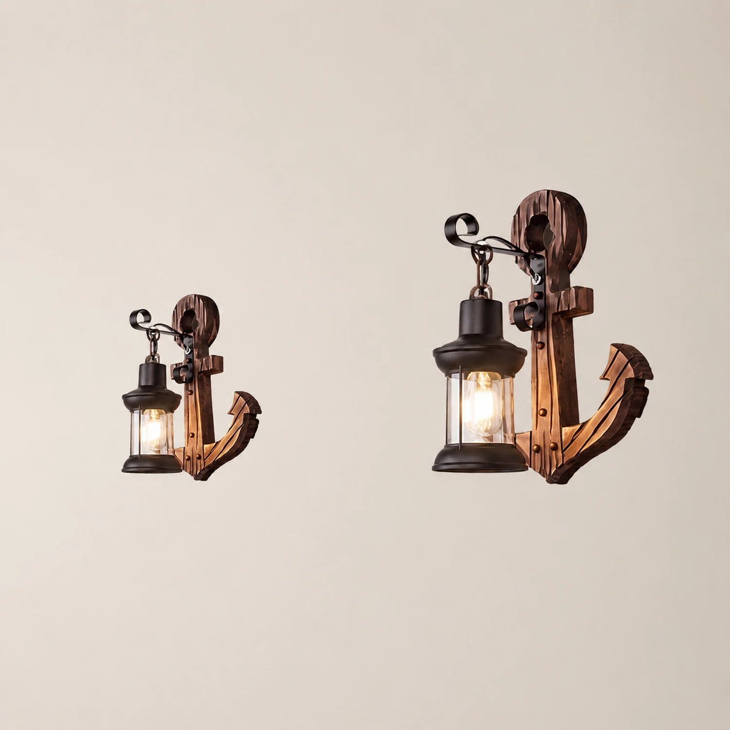 Austin Anchor Lantern Wall Lamp, Vintage/Antique, Wood, Bedroom - Lumpaz