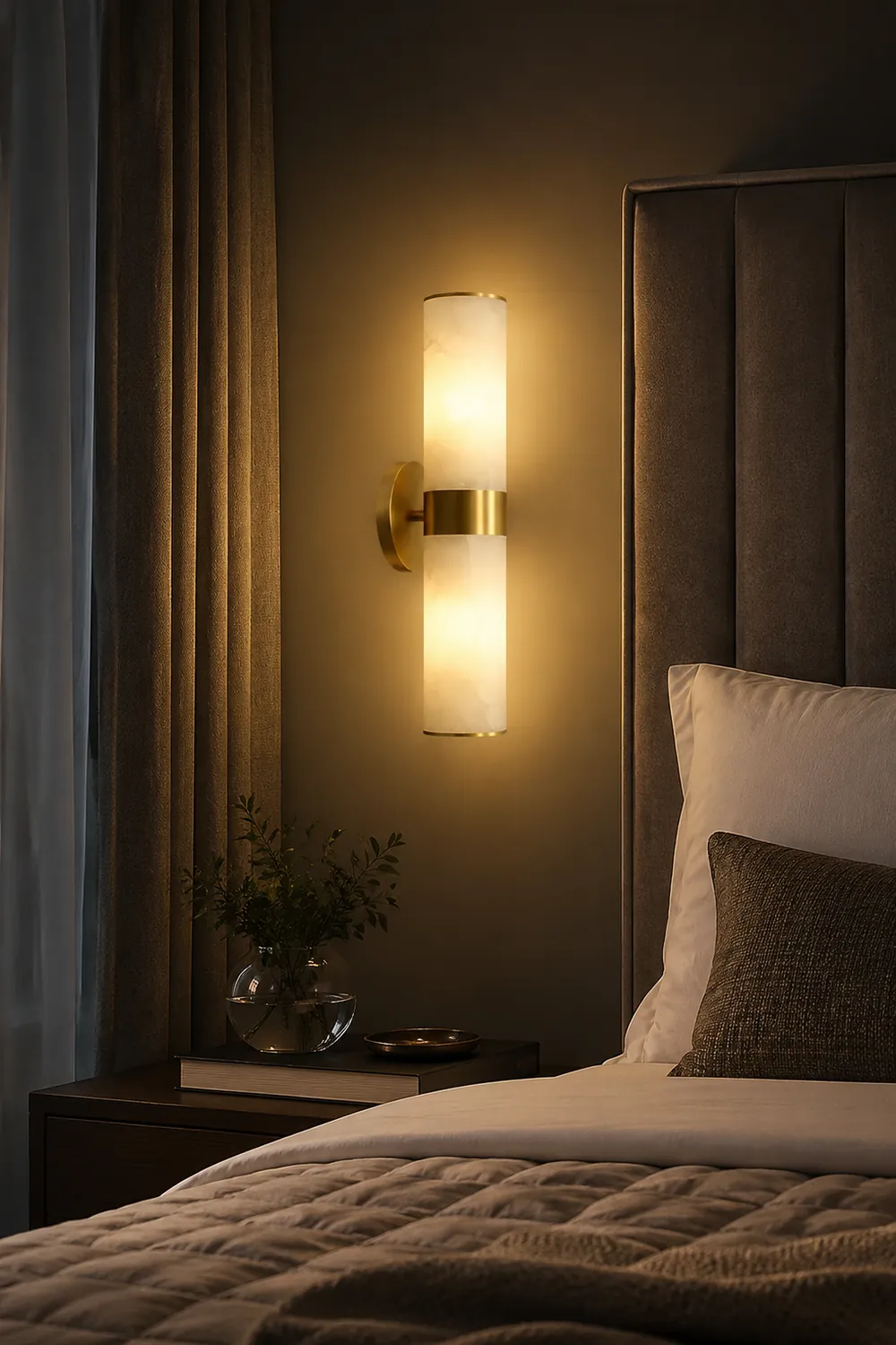 Chan Modern Double Headed Metal Stone Vanity Wall Lamp, Brass - Lumpaz