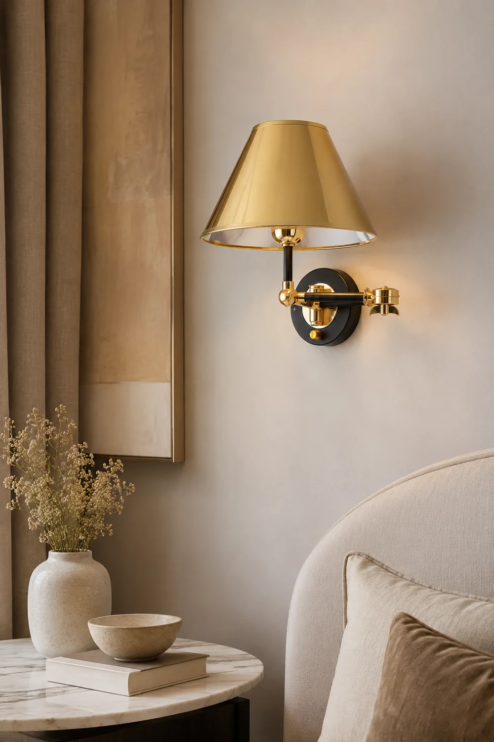 Carins Cone Shaped Adjustable Wall Lamp, Gold, Bedroom - Lumpaz