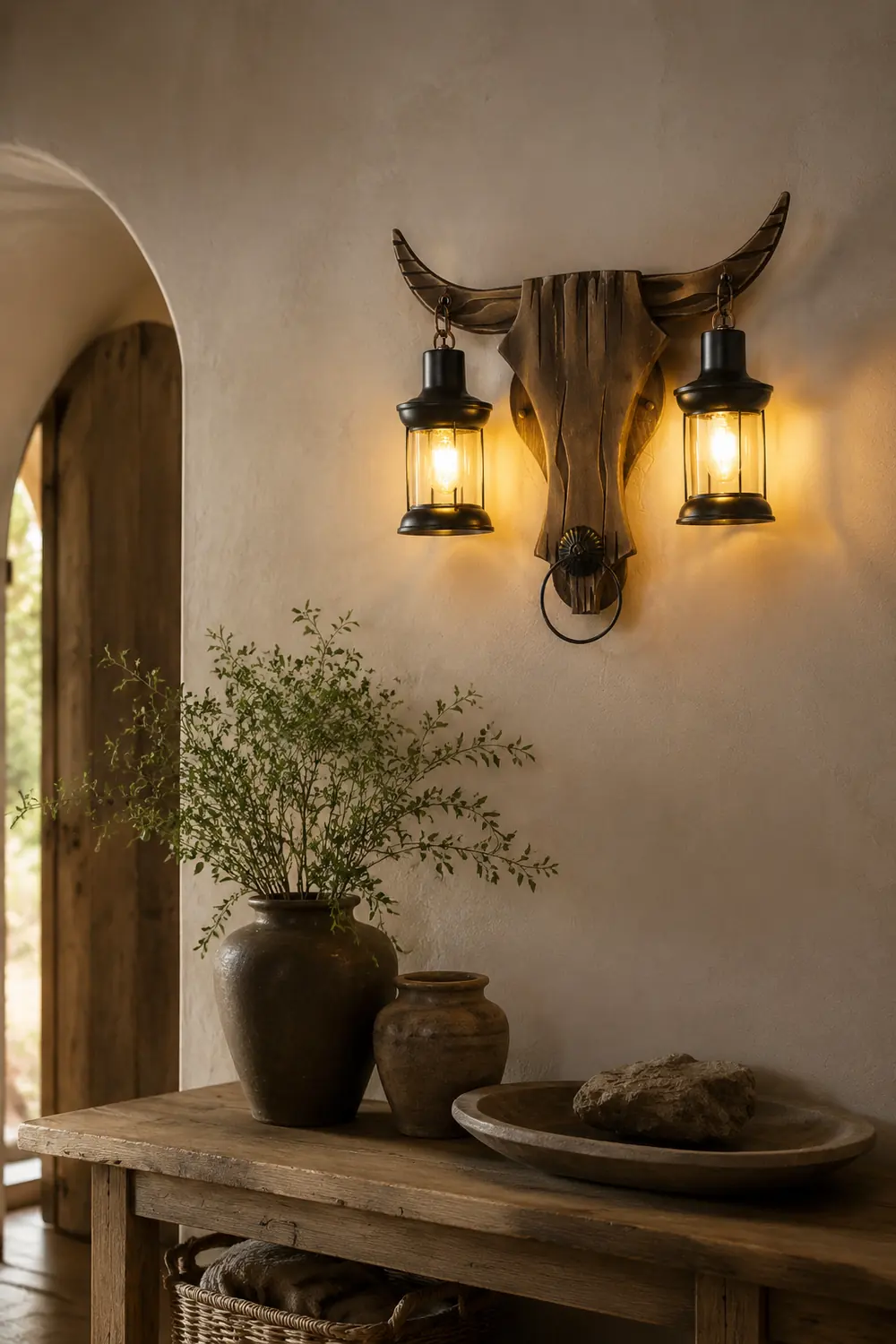 Austin Wall Lamp Bull Shape Vintage, 2 Heads Wood/Metal, Bedroom - Lumpaz