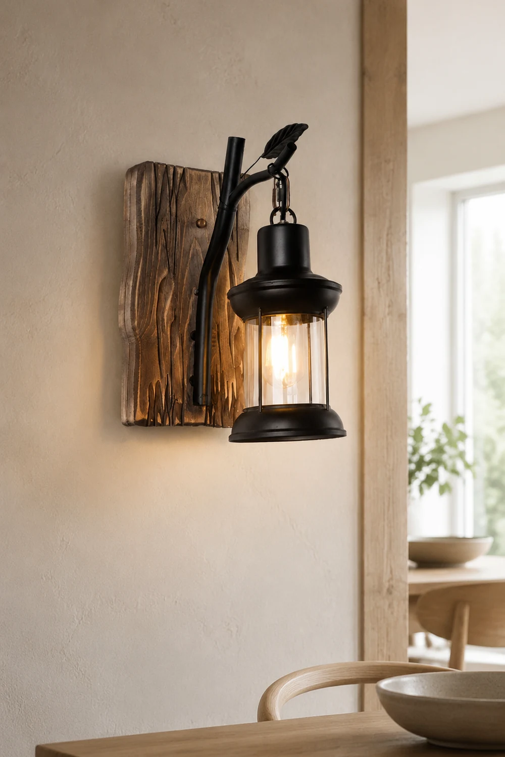 Austin Vintage Branches Lantern Wall Lamp, Metal/Wood, Black, Dining Room - Lumpaz