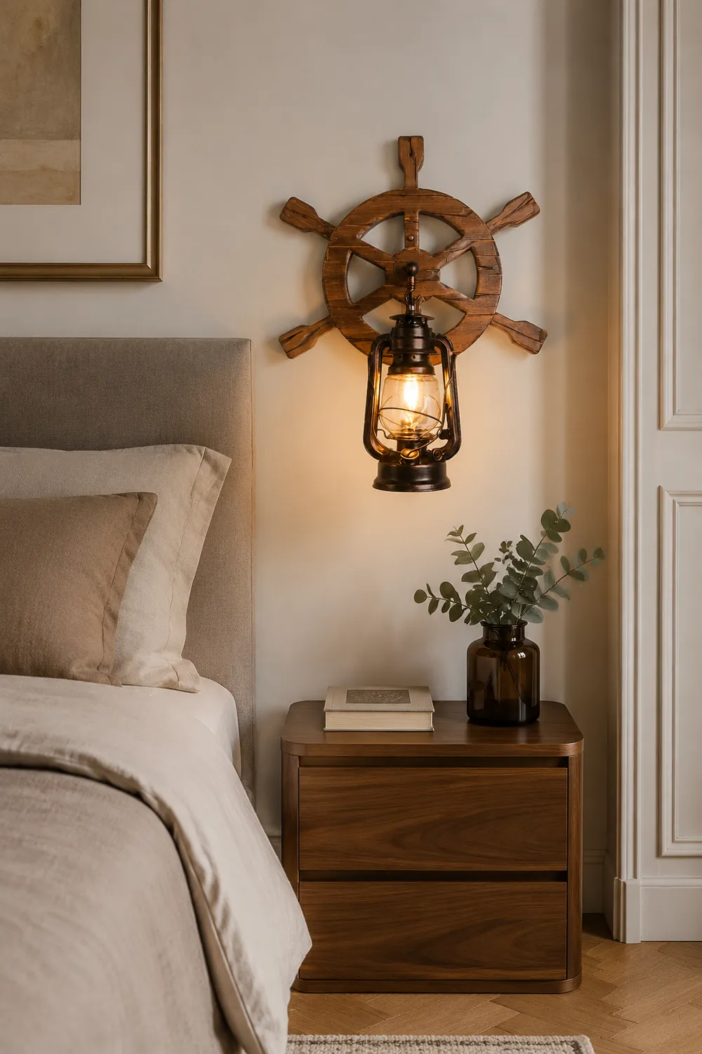 Austin Wall Lamp Retro Rudder Lantern Brown Wooden, Bedroom - Lumpaz