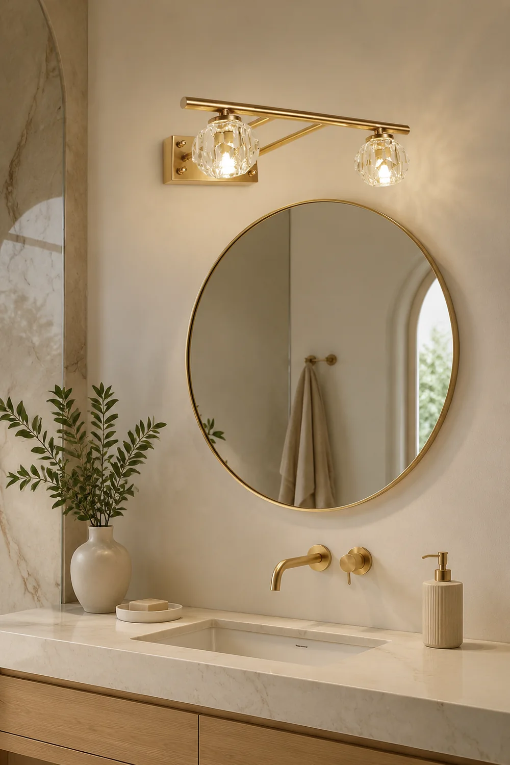 Kristy Wall Lamp Modern Mirror Front Vanity, Metal/Crystal, Gold, Bathroom - Lumpaz