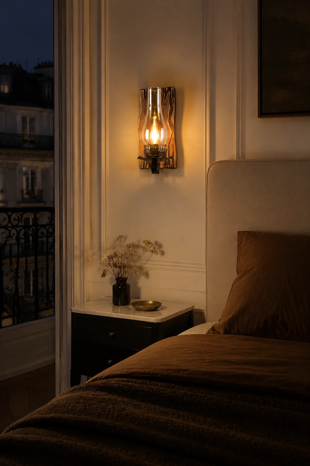 Austin Wall Lamp Vintage Candle Wooden Glass, Bedroom - Lumpaz