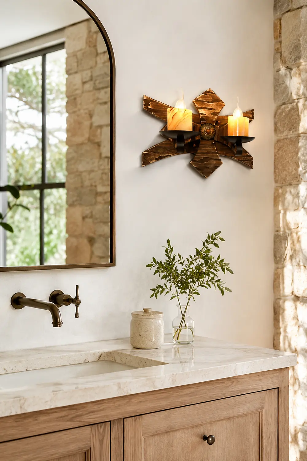 Austin Wall Lamp Decorative Vintage Candle Double Light Wooden, Bedroom - Lumpaz