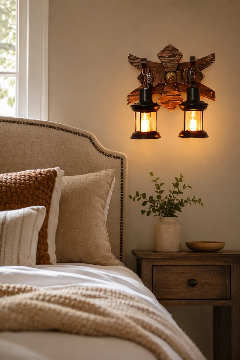 Austin Wall Lamp Decorative Vintage Lantern Double Light Wooden, Bedroom - Lumpaz